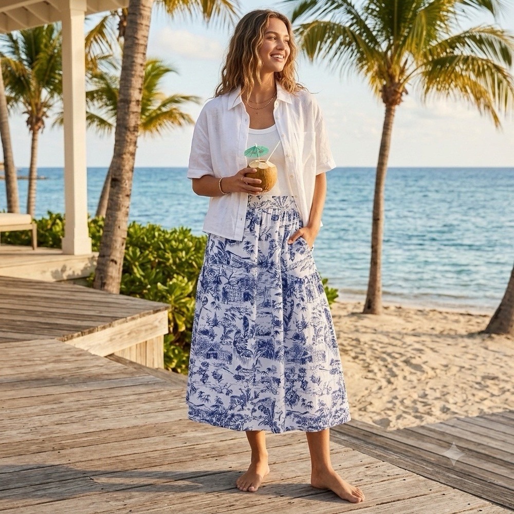 Joie Midi Skirt Womens L Linen Tropical Coastal Resort Lagenlook